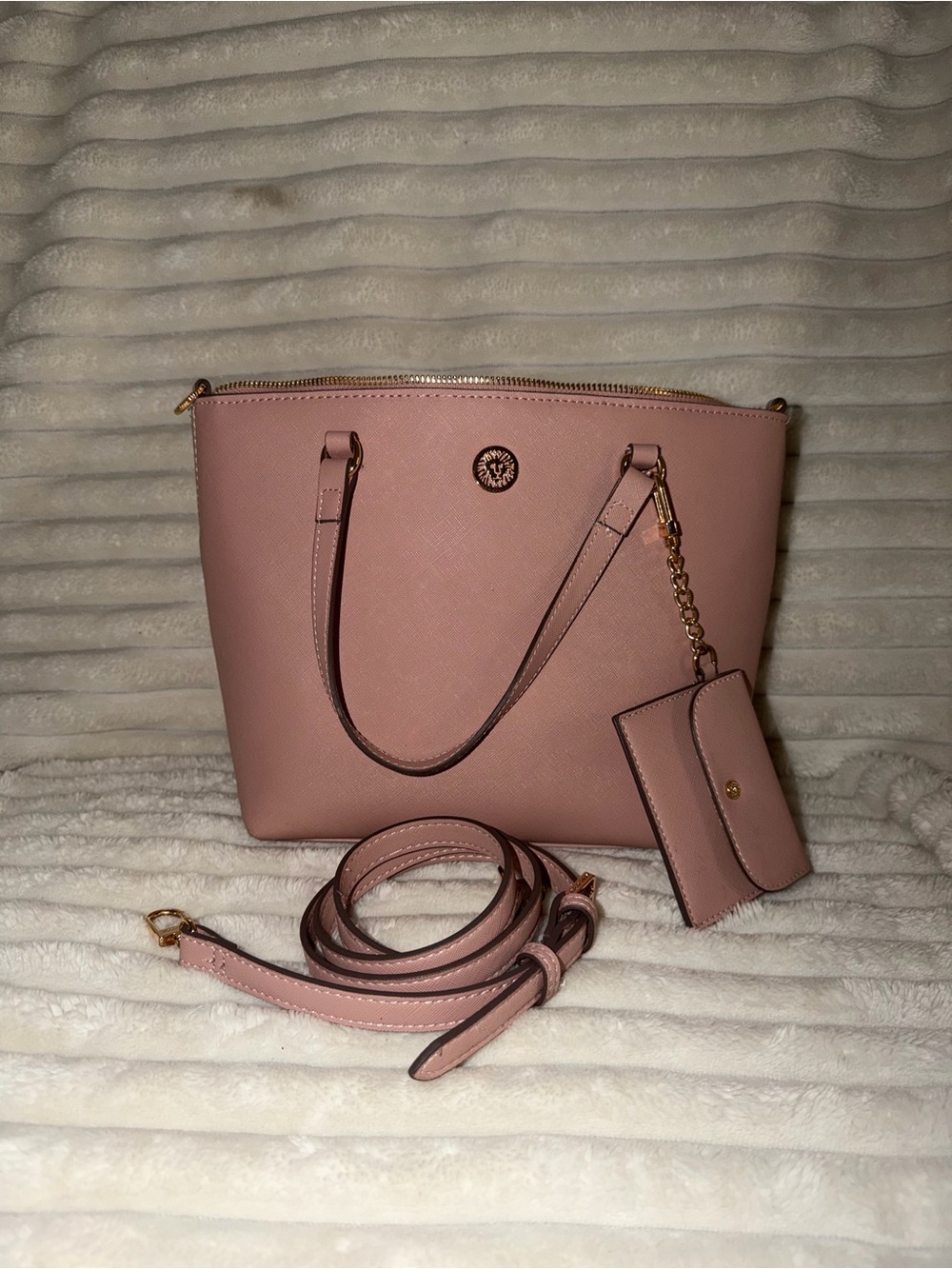 Anne Klein Blush Pink Saffiano Tote with Cardholder and Strap